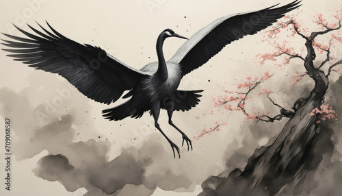 Watercolor painting of crane in Chinese traditional style in black and red colors. AI generated photo