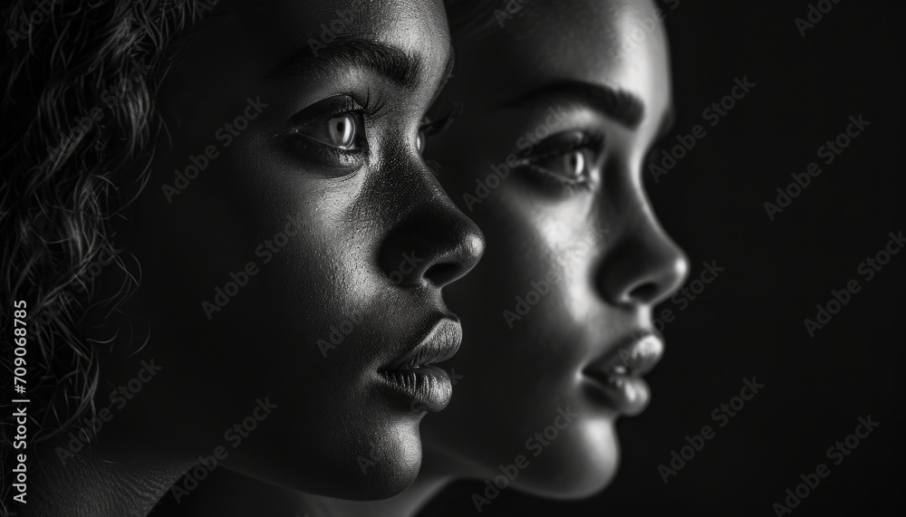Portrait of a woman with two faces close up.