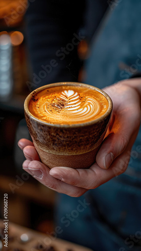 Barista serving cup of milk coffee to client while working at cafe