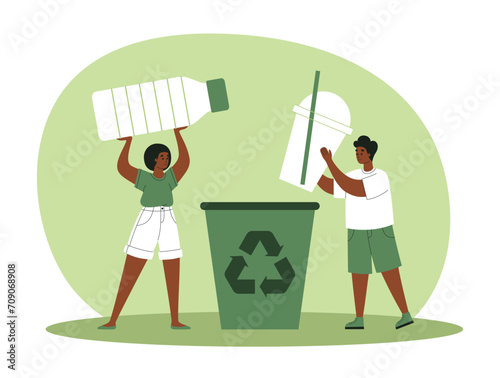 People throw plastic waste in the trash can for recycling. Plastic pollution problem concept. Flat vector illustration