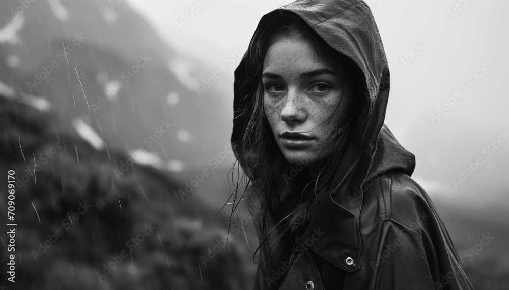 girl in a hood against the backdrop of mountains. girl in a hood against the backdrop of mountains.