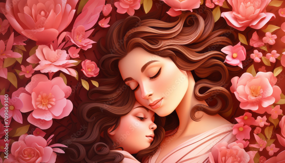 Mom and daughter hug each other among beautiful spring flowers. Concept for celebrating family, parenthood and mother's day