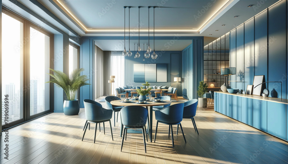 interior design of a spacious blue dining room with a table and chairs in a modern, illuminated apartment