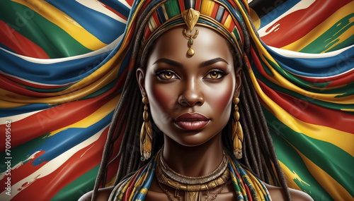 African flag with dripping paintings and face of African woman. AI generated photo