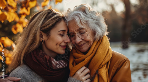 A portrait of an older woman with her daughter, both smiling, showcasing the beauty of age and the strength of family ties