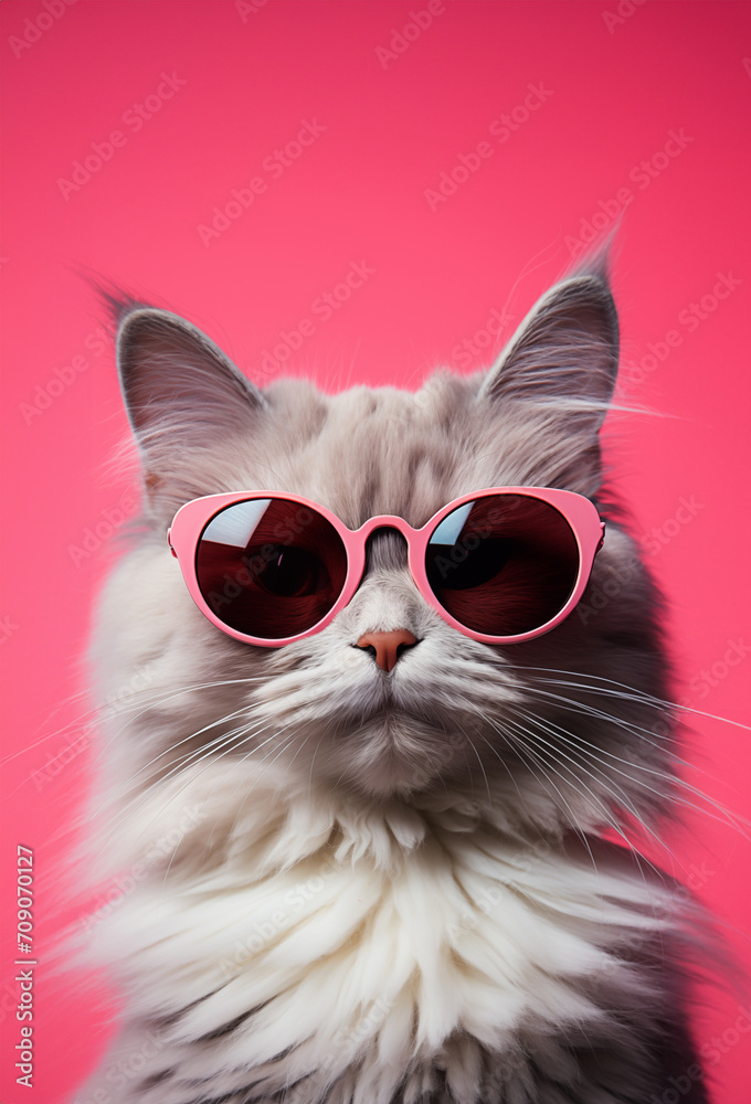 Cool brutal cat with glasses. Fluffy and cute cat on the pink background