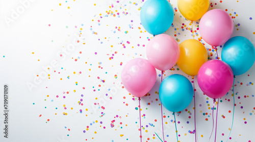multi-colored balloons and confetti, banner or postcard for the holiday with congratulations