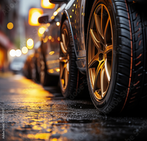 car tires set with a great profile on illuminates asphalt
