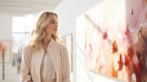 A graceful woman in a chic outfit observes wall art in a sunlit room, reflecting a moment of tranquility and culture. photo