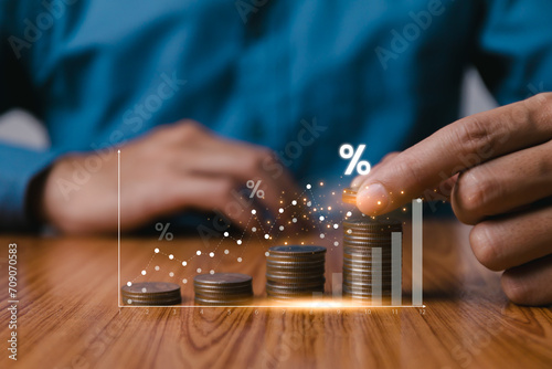 Obraz na płótnie Interest rate and high return concept, business growth increase interest, money, fund, cost and capital, return on stocks and mutual funds, long term investment for retirement percentage symbol arrow. w salonie