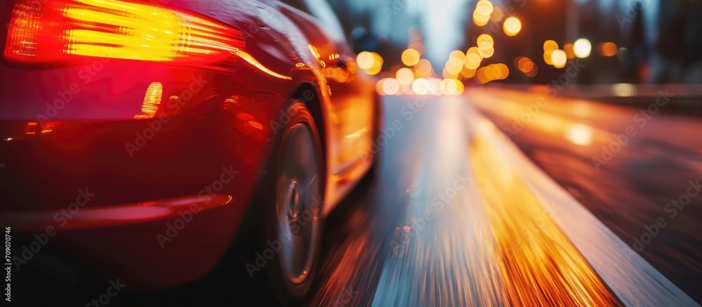 Blurred vehicle on road surface.