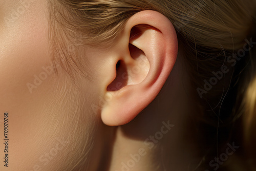 macro image of a female ear, concept of healthy hearing or ear jewelry