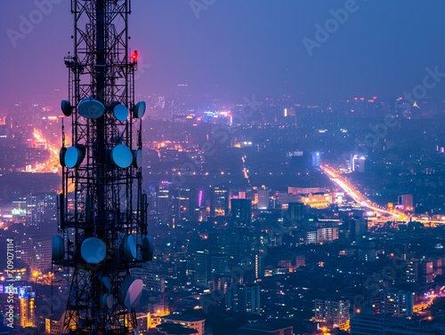 City Lights  Digital Heights  A telecom antenna atop an urban skyscraper lighting up the night