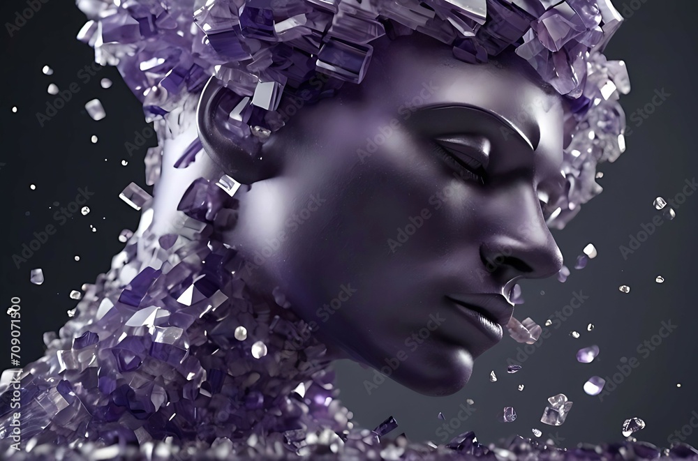 Male sculpture made of amethyst with colorful tiny crystal particles floating as the sculptures Male sculpture made of amethyst with colorful tiny crystal particles floating as the sculptures