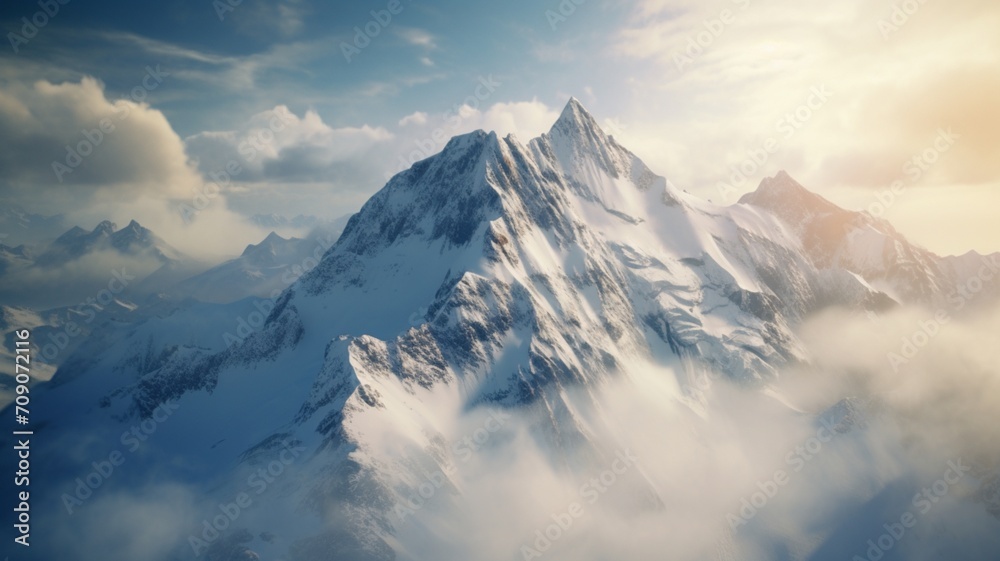 A breathtaking panorama of a glacier-carved cirque, surrounded by razor-edged peaks and bathed in alpenglow-Generative Ai