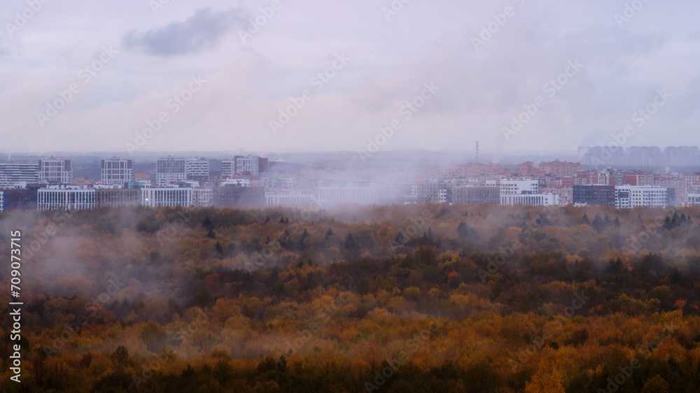 Panoramic view of a foggy autumn morning in the city