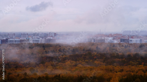 Panoramic view of a foggy autumn morning in the city