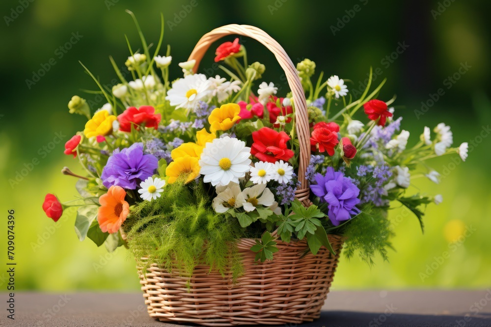 Beautiful wild flowers in wicker basket on green grass outdoors