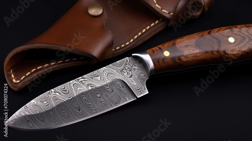 Handmade knife with Damascus steel blade. AI generative. photo