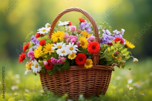 Beautiful wild flowers in wicker basket on green grass outdoors © Muh