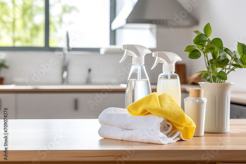 Rags, natural sponges and cleaning products on wooden table. Modern kitchen interior on background. House cleaning concept