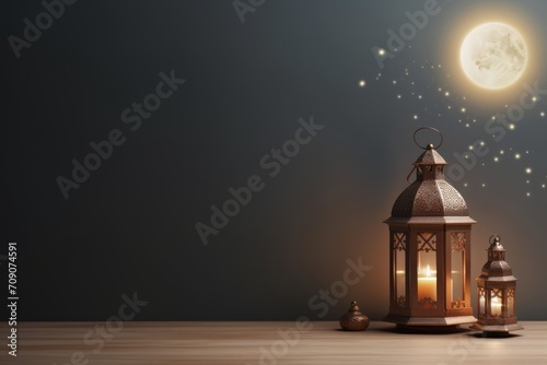 Islamic decoration background with lantern and crescent moon luxury style, ramadan kareem, mawlid, iftar, isra miraj, eid al fitr adha, muharram, copy space text area, 3D illustration. photo