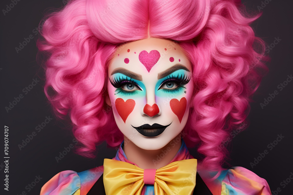 Portrait of pretty sexy woman dressed up with colorful clown costume with pink hair and heart face paint in front of black studio background