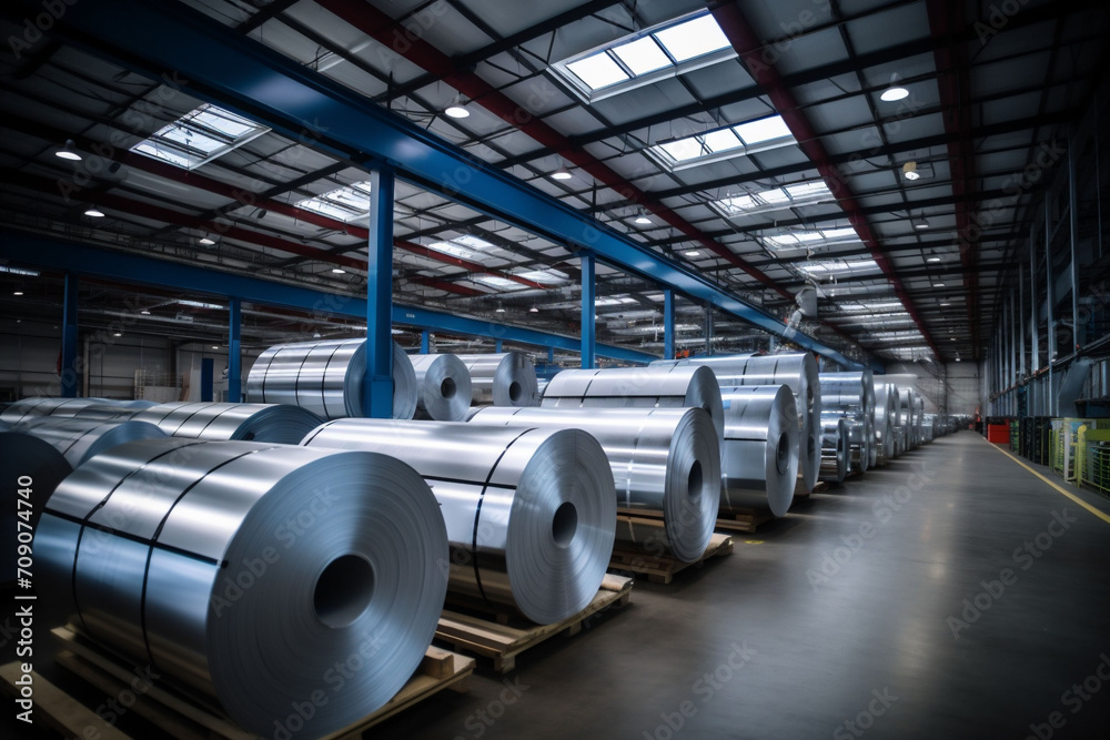 Vast Warehouse Aisle Flanked by Stacks of stainless Steel Coils under Bright Industrial Skylights Vast Warehouse Aisle Flanked by Stacks of stainless Steel Coils under Bright Industrial Skylights