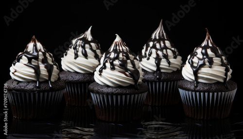 Delicious black cupcakes with whipped cream and chocolatte syrop photo