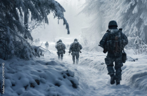 Group of infantry soldiers in uniforms walking over snow covered landscape, Military conflict or war concept © kozirsky