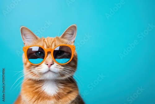 Cat wearing sunglasses on blue background half body summer vacation
