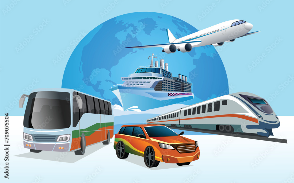 Travel the world. Traveling by transports airplane, cruise liner, high speed train, Tour bus and  car rent for Traveling