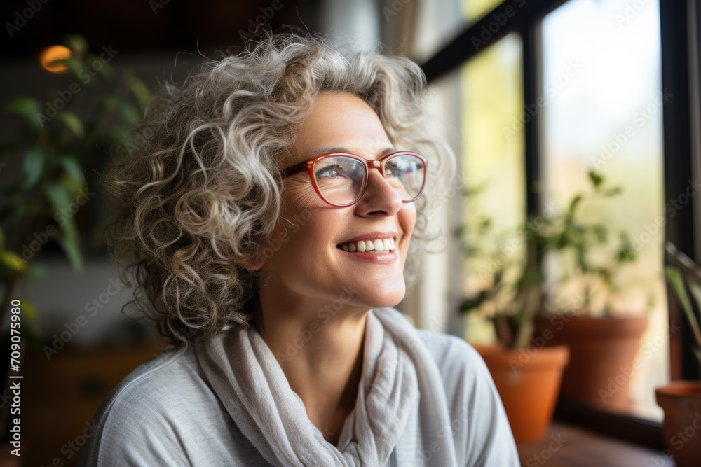 Beautiful gray-haired elderly woman with glasses smiles while sitting in the living room at home. Beautiful gray-haired elderly woman with glasses smiles while sitting in the living room at home.