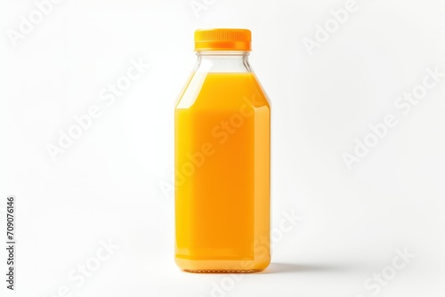 Orange juice bottle seen from the front on a white background