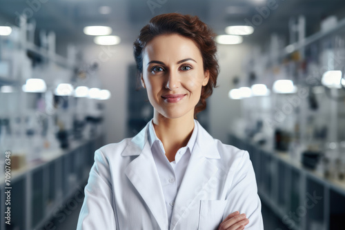 Photo portrait of handsome scientist woman working in a pristine, well-kept lab coat, standing amidst advanced laboratory equipment