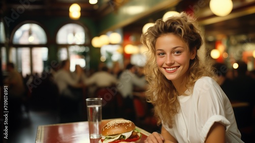 Young woman in a restaurant eating a hamburger