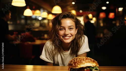 Girl eating a hamburger in a restaurant