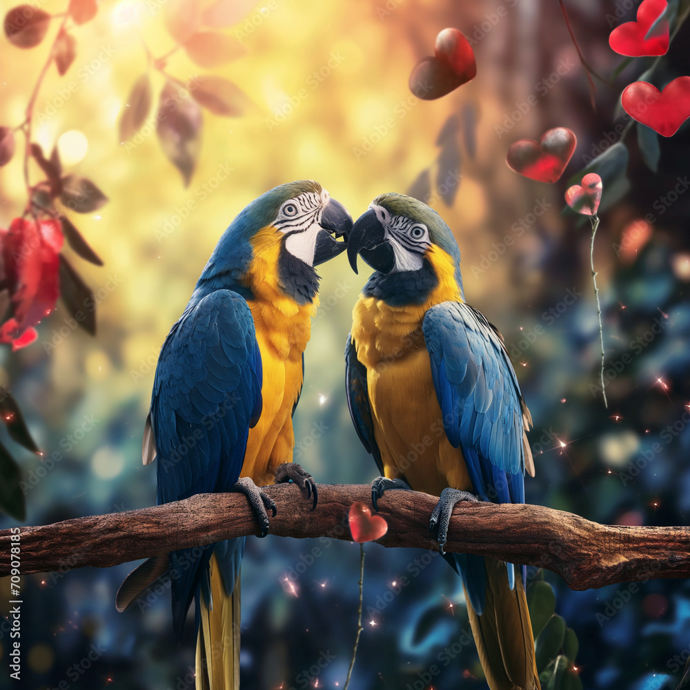 Wunderschönes Papageien Paar beim Küssen als Nahaufnahme für Poster und Kalender, ai generativ