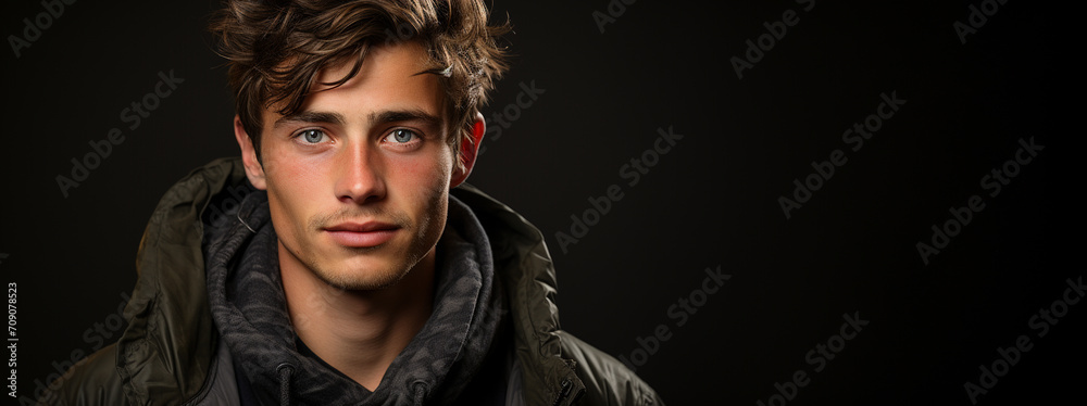 Banner of friendly and young man with light blue eyes and casual clothes on dark background with copy space. Handsome brown haired boy looking at the camera.