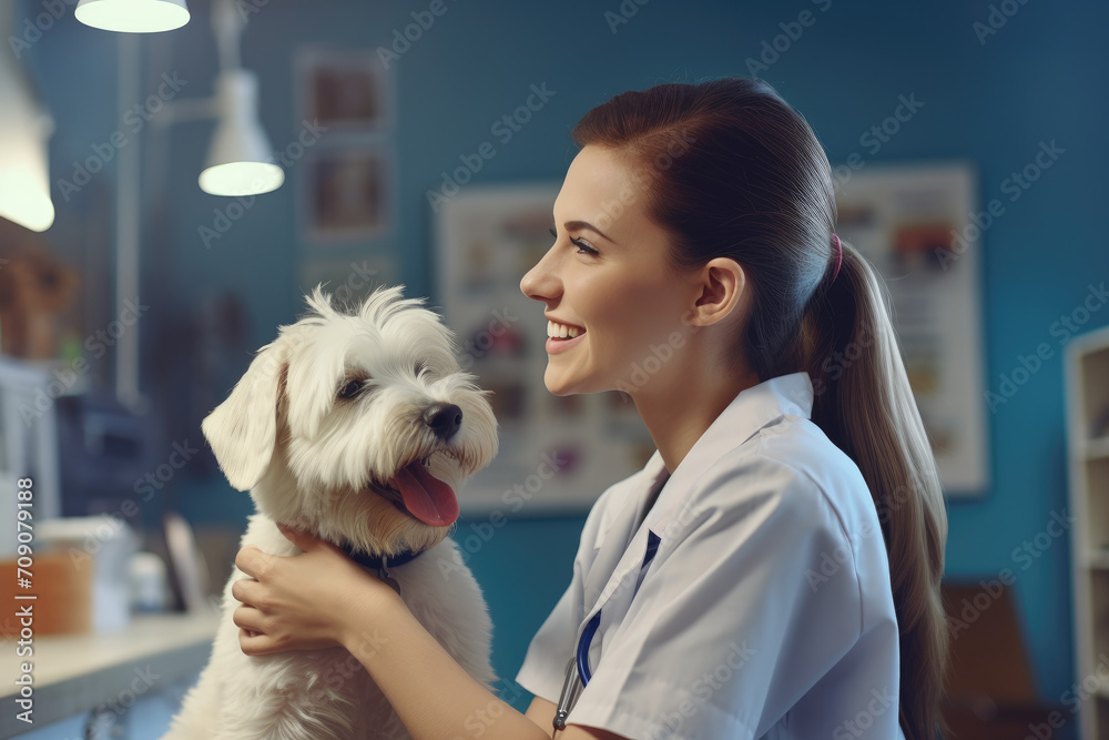 Photo portrait of beautiful vet nurse petting a dog in clinic background Photo portrait of beautiful vet nurse petting a dog in clinic background