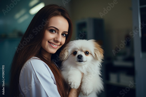 Photo portrait of beautiful vet nurse petting a dog in clinic background