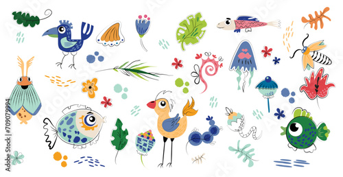 Vibrant Collection of Illustrated Animals and Nature Elements in a Whimsical Style. Isolated flat vector illustration