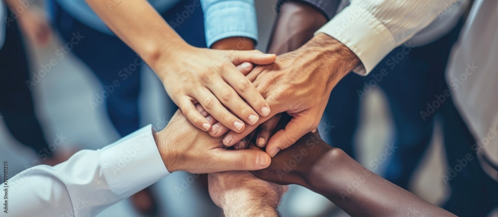 Diverse office workers joining hands symbolize strong productive teamwork. Cooperation and unity among business employees. - obrazy, fototapety, plakaty 
