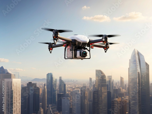 A postal drone carries a box with parcel, flies through the air over a megalopolis with high-rise buildings city. Modern technologies, delivery of goods