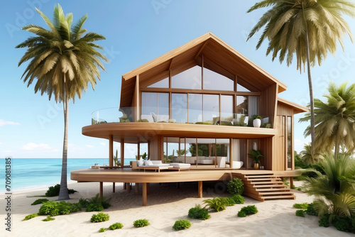 Modern villa with panoramic windows on the beach with palm trees by the sea. Rent accommodation on a trip, a secluded vacation in a separate bungalow