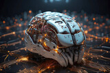 An artificial brain with microchips, wires and neon glow on a digital background is an artificial intelligence concept. 