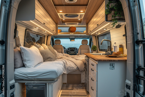 Stylish interior with various decorative elements in a modern trailer. House on wheels. Camping holidays. Camping vacation.