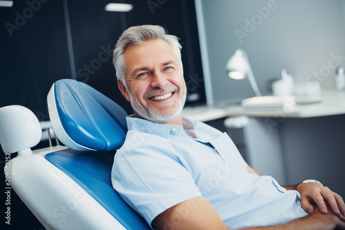 Portrait of a happy smiling person in the dentists chair in office. Generative AI