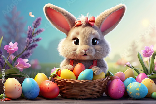 A cute Easter bunny with a basket of eggs and spring flowers is an illustration of a children's character, a traditional holiday card. © Ольга Симонова
