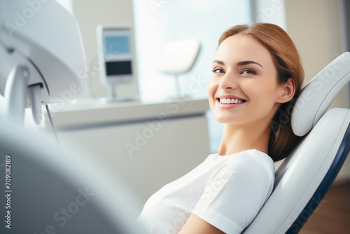 Portrait of a smiling woman sitting in a dentist s chair in office. Generative AI
